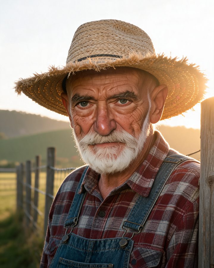 Grandpa Elias, an AI character: an elderly farmer with a white beard and straw hat, leaning on a fence at sunset