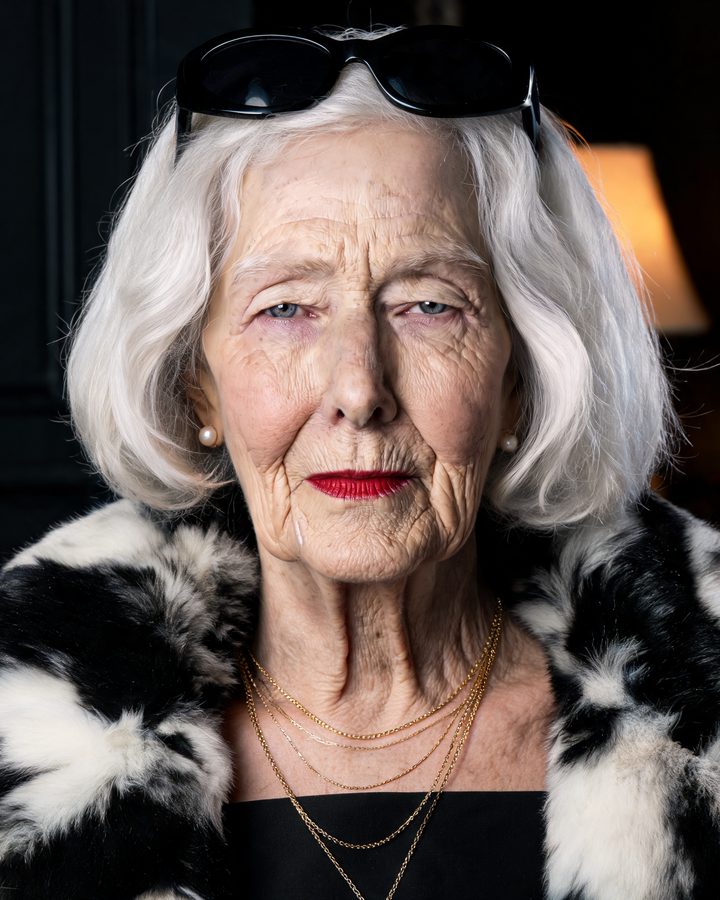 Grandma Margot, an AI character: an elderly woman with white hair, red lipstick and a black-and-white fur coat, sunglasses pushed up on her head