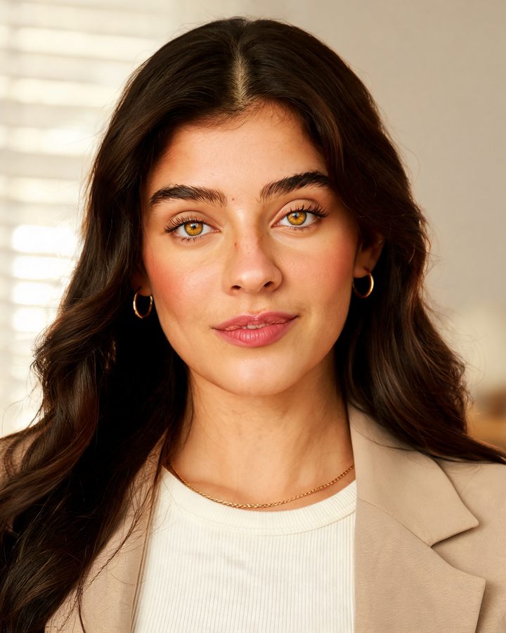 Maya, an AI character: a young woman with long dark hair and amber eyes, in a beige blazer, in a softly lit apartment